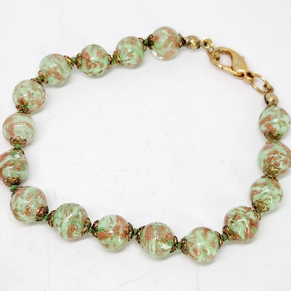 Murano Jewelry - Vintage Light Green Venetian Murano Glass Sommerso Knotted Bead BRACELET 7.5”